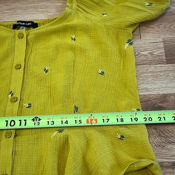 Sugar Lips Yellow Puff Sleeve Peplum Blouse Medium Embroidered Cottagecore girly - Picture 11 of 12